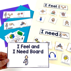  hand holding paper with I feel and I need board written on it. background has open file folder with images of feelings and items for special educations students to communicate needs and wants 