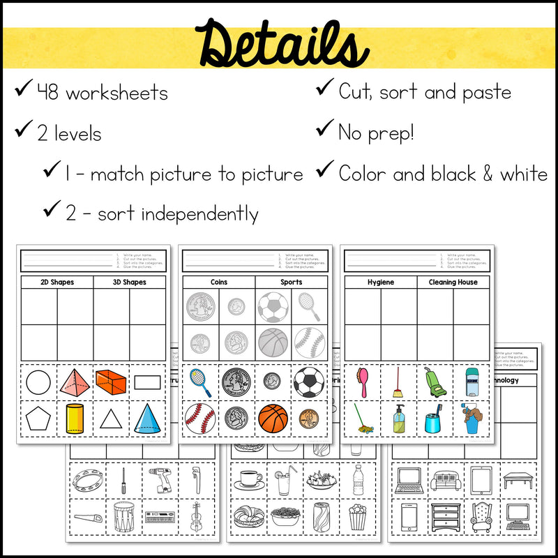 Category Sorting Cut and Paste Activities – Autism Work Tasks