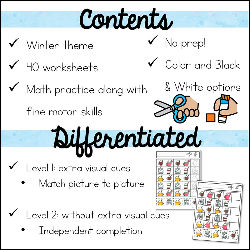 Winter Cut and Paste Math Worksheets – Autism Work Tasks