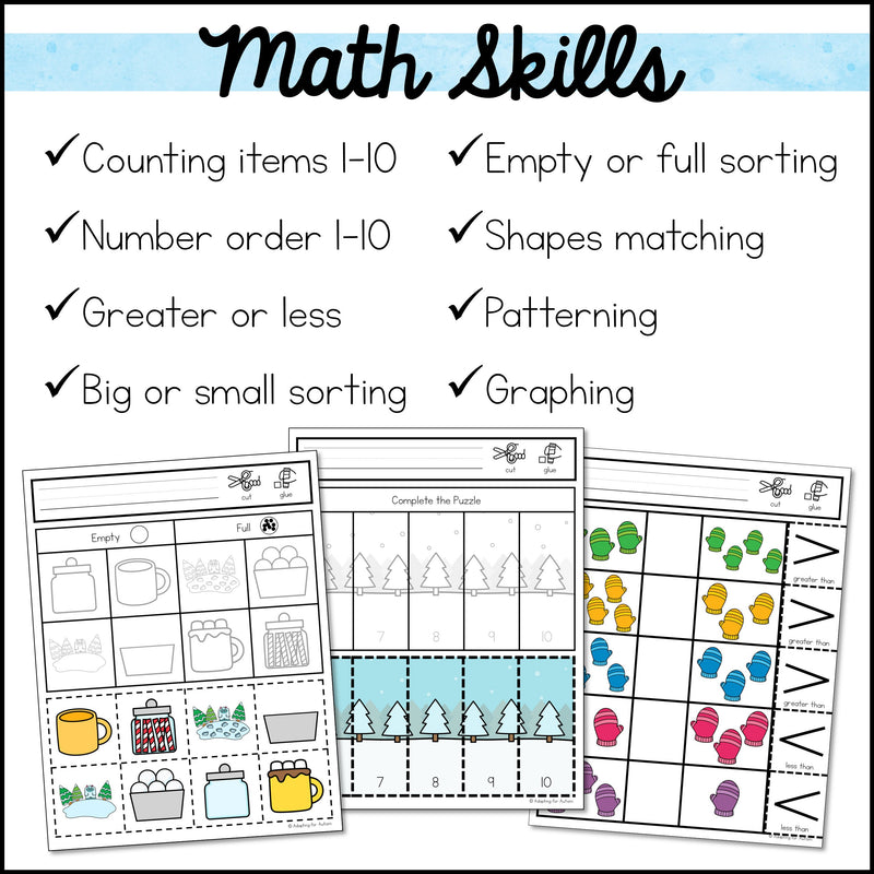 Winter Cut and Paste Math Worksheets – Autism Work Tasks