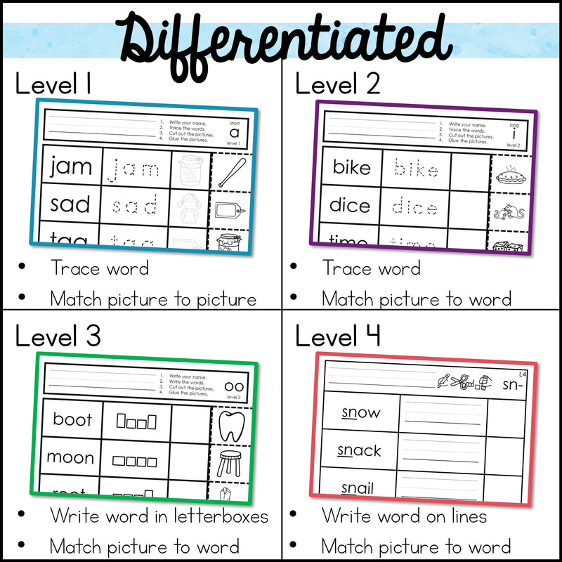 Word Work Worksheets Phonics BUNDLE: Cut and Paste Activities for Spec ...