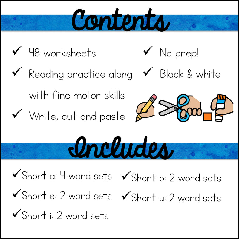 CVC Worksheets: Write, Cut and Paste Activities – Autism Work Tasks