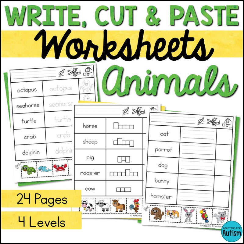 Animals Write Cut and Paste Activities – Autism Work Tasks