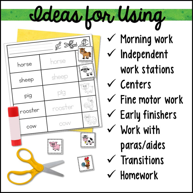 Animals Write Cut and Paste Activities – Autism Work Tasks