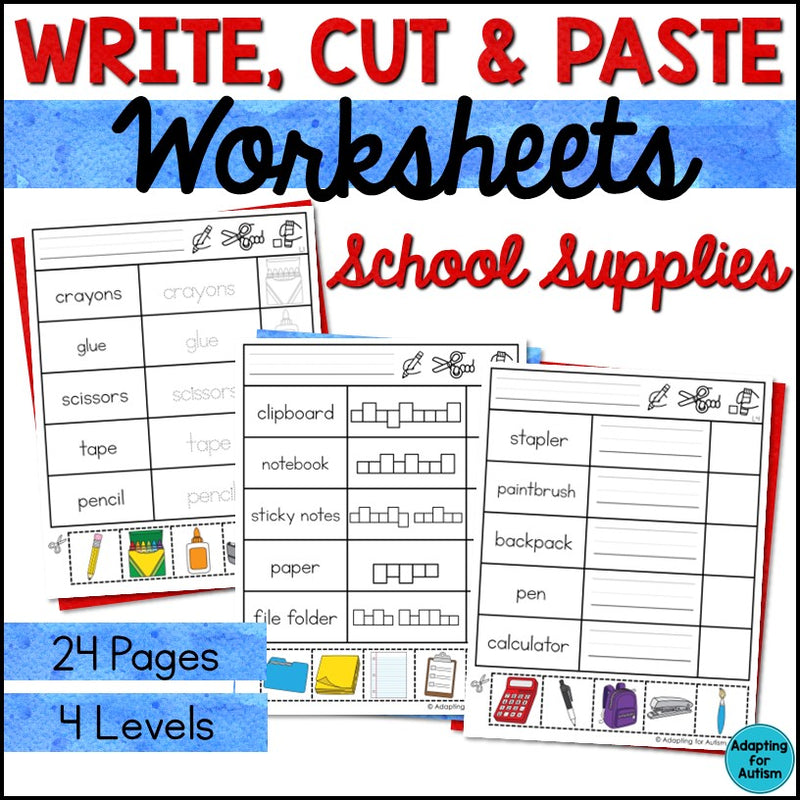 School Supplies Write Cut and Paste Activities – Autism Work Tasks
