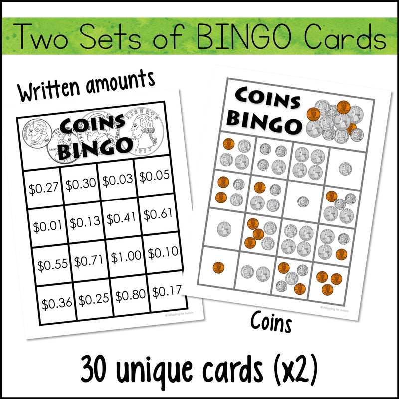 Money BINGO Games: Counting coins up to $1.00 – Autism Work Tasks for Free Printable Coin Bingo Printable