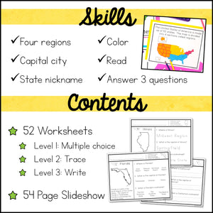 50 States Worksheets - Social Studies Activities for Special Education