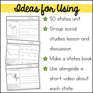 50 States Worksheets - Social Studies Activities for Special Education