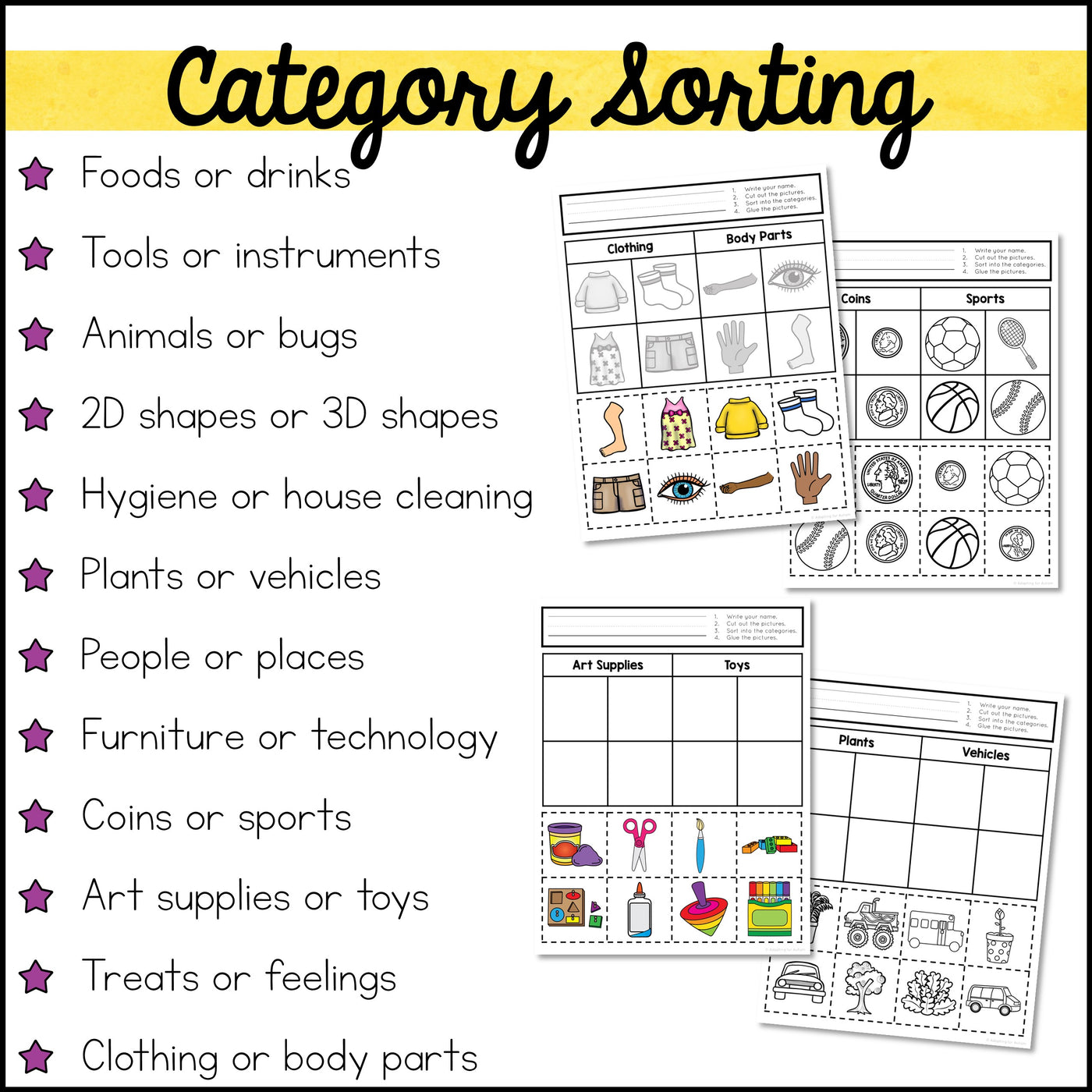 Category Sorting Cut and Paste Activities – Autism Work Tasks