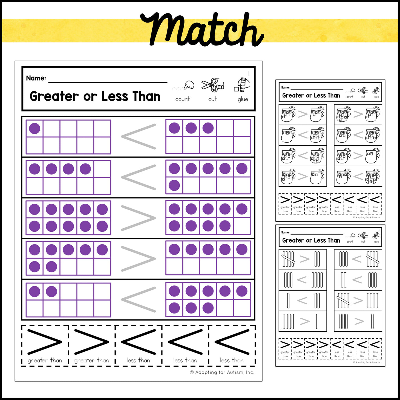 Cut and Paste Math Worksheets Greater or Less Than Comparing Numbers A ...
