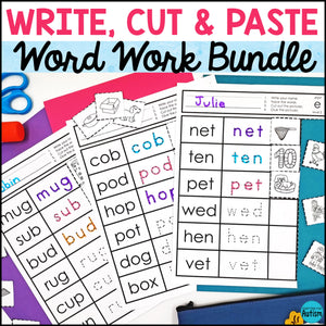 Word Work Worksheets Phonics BUNDLE: Cut and Paste Activities for Special Education