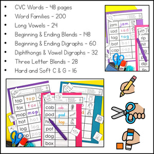 Word Work Worksheets Phonics BUNDLE: Cut and Paste Activities for Special Education