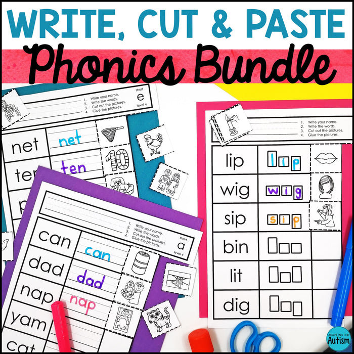 Word Work Worksheets Phonics BUNDLE: Cut and Paste Activities for Special Education