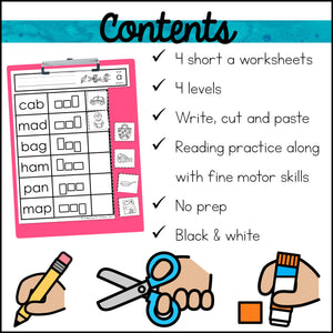 FREE CVC Words Worksheets: No Prep Write Cut and Paste Activity