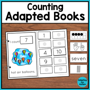 Picture - adapted book for counting hot air ballons. Text - Counting Adapted Books