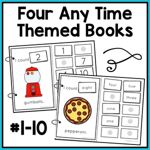 Picture - 2 adapted books for counting gumballs and pepperoni on a pizza. Text - Four any time themed books
