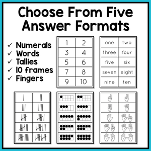 Picture - five sheets of paper with various formats of numbers 1-10. Text - Choose from five answer formats: numerals, words, tallies, 10 frames fingers