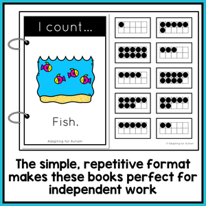 Picture - adapted book for counting fish in a tank. Text - The simple, repetitive format makes these books perfect for independent work