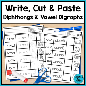 Diphthong and Vowel Digraphs Activities: No Prep Write, Cut and Paste Activities