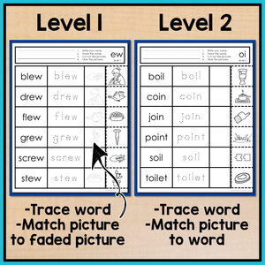 Diphthong and Vowel Digraphs Activities: No Prep Write, Cut and Paste Activities