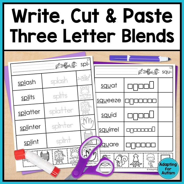 Three Letter Blends Phonics Worksheets: Cut and Paste Activities for Word Work