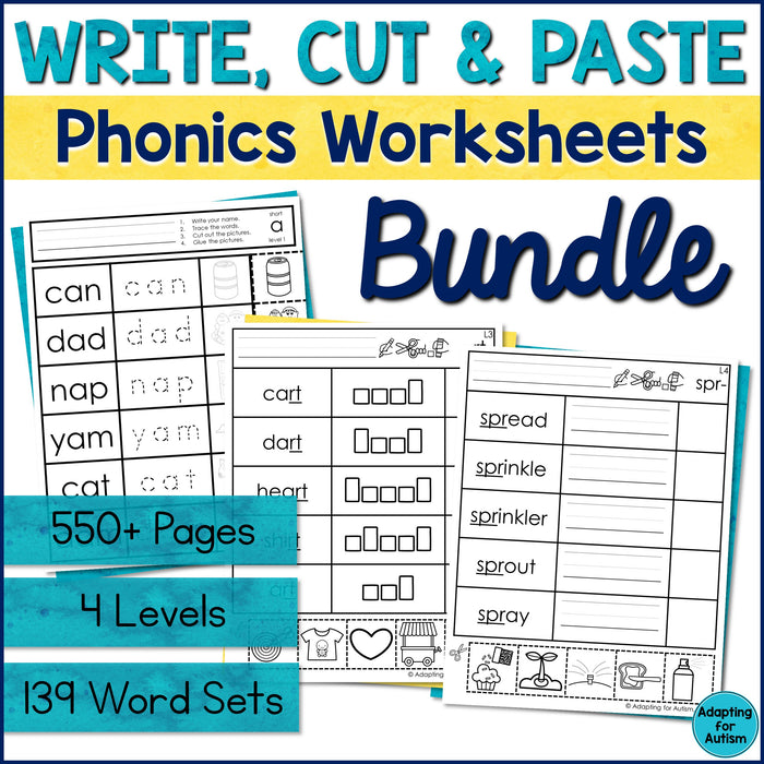 Word Work Worksheets Phonics BUNDLE: Cut and Paste Activities for Special Education